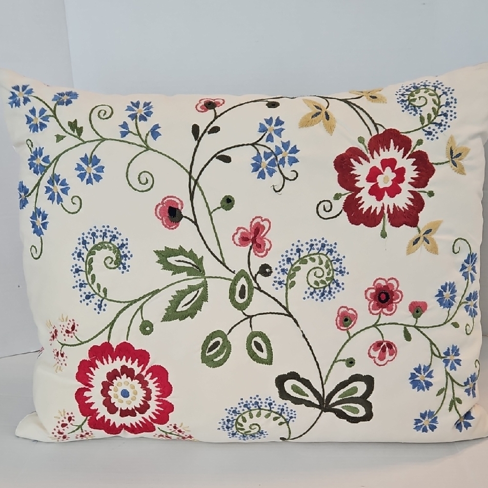 IKEA Alvine Flora Elegant Embroidered Floral Blue Red Green Stripe Accent Pillow